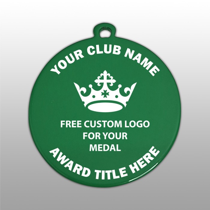 PACK OF 100 BULK BUY 50MM GREEN MEDALS / LOGO & RIBBON WITH DIRECT PRINT LOGO **AMAZING VALUE**